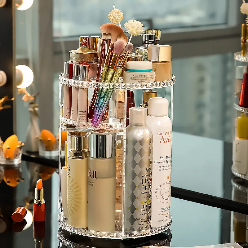 Caja de almacenamiento de cosm&eacute;ticos giratoria de 360 grados, organizador de maquillaje, estante de almacenamiento de cosm&eacute;ticos, soporte de exhibici&oacute;n de cristal helf-0