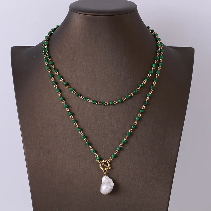 

Women long chain gemstone and gold ball chain jewelry necklace with natural baroque pearl pendant