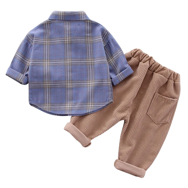 2Pcs/set Baby Boy Summer Cotton Long Sleeve Three-Dimensional Pocket Plaid Pattern Shirt + Corduroy Trousers Casual Set |