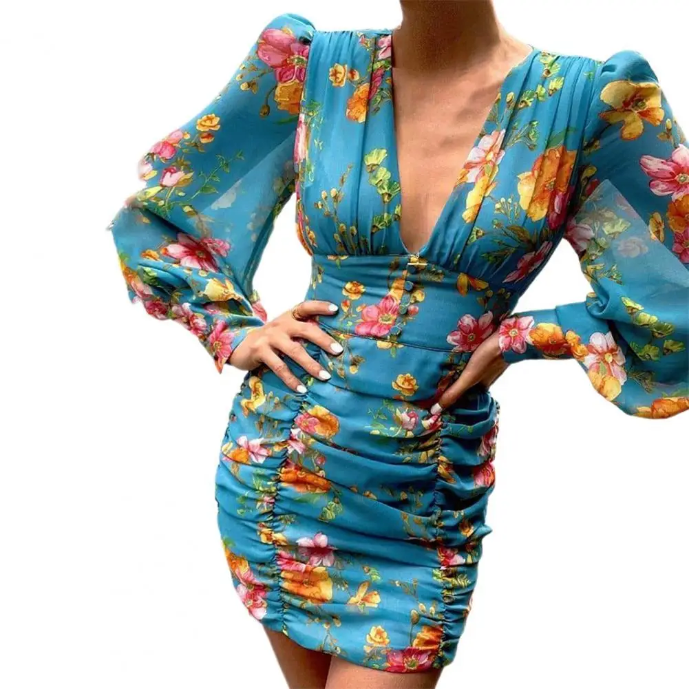 

2021 New Women Sexy Deep V Neck Floral Print Long Lantern Sleeve Ruched Dress 2021 Autumn Elegant Female Bodycon Party Dress