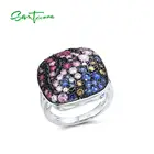 Женские серебряные кольца SANTUZZA, Классические Вечерние ювелирные украшения из чистого 925 пробы серебра с блестящими розовыми и синими камнями