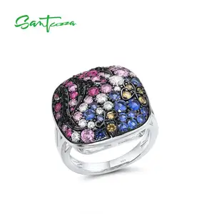 Женские серебряные кольца SANTUZZA, Классические Вечерние ювелирные украшения из чистого 925 пробы серебра с блестящими розовыми и синими камнями