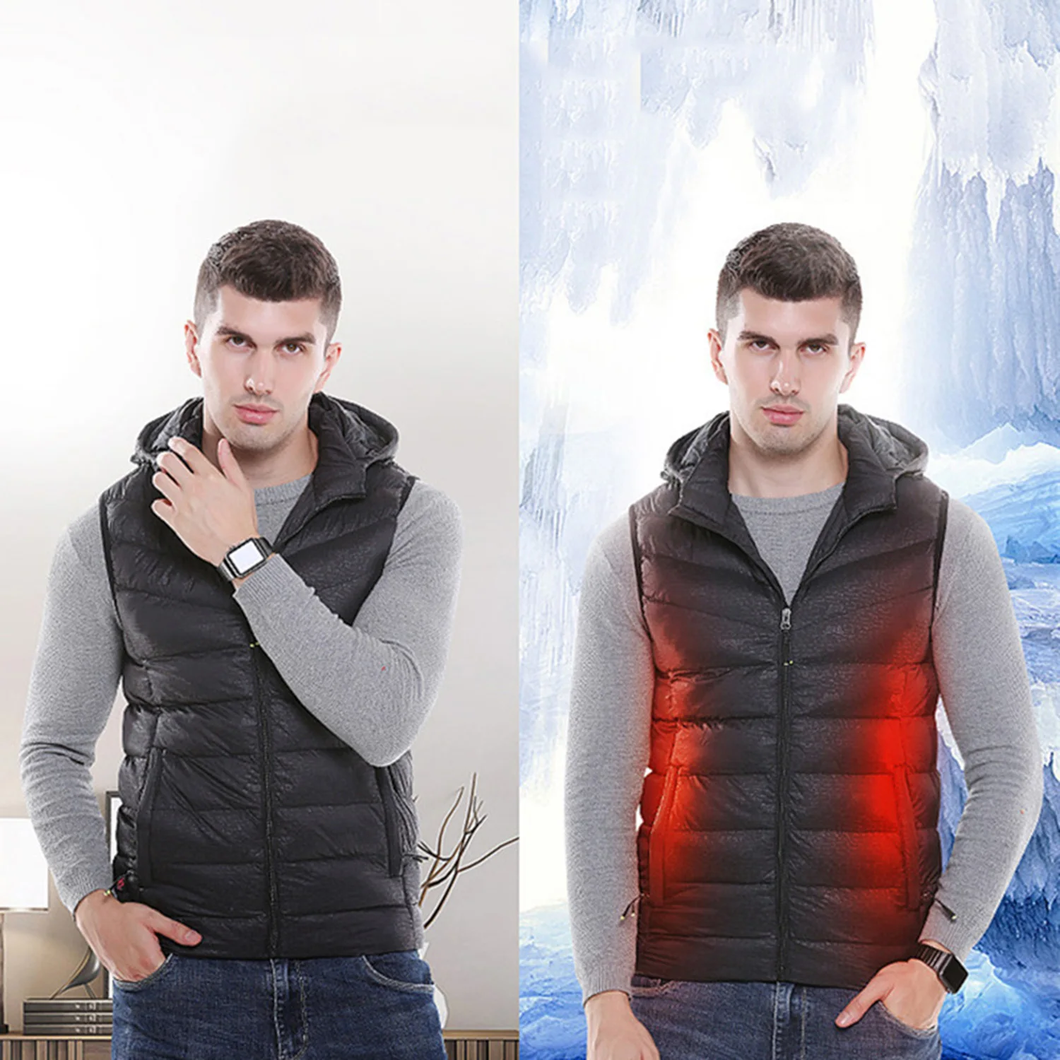 

USB Heated Jacket Warm Security Intelligent Autumn and Winter Vest with Hat Heating Sleeveless Vest Motorcycle Outdoor Jacket