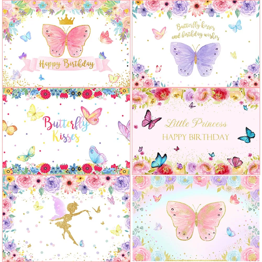 

Фон для фотосъемки с розовыми бабочками, с золотыми точками, короной, акварелью и цветами