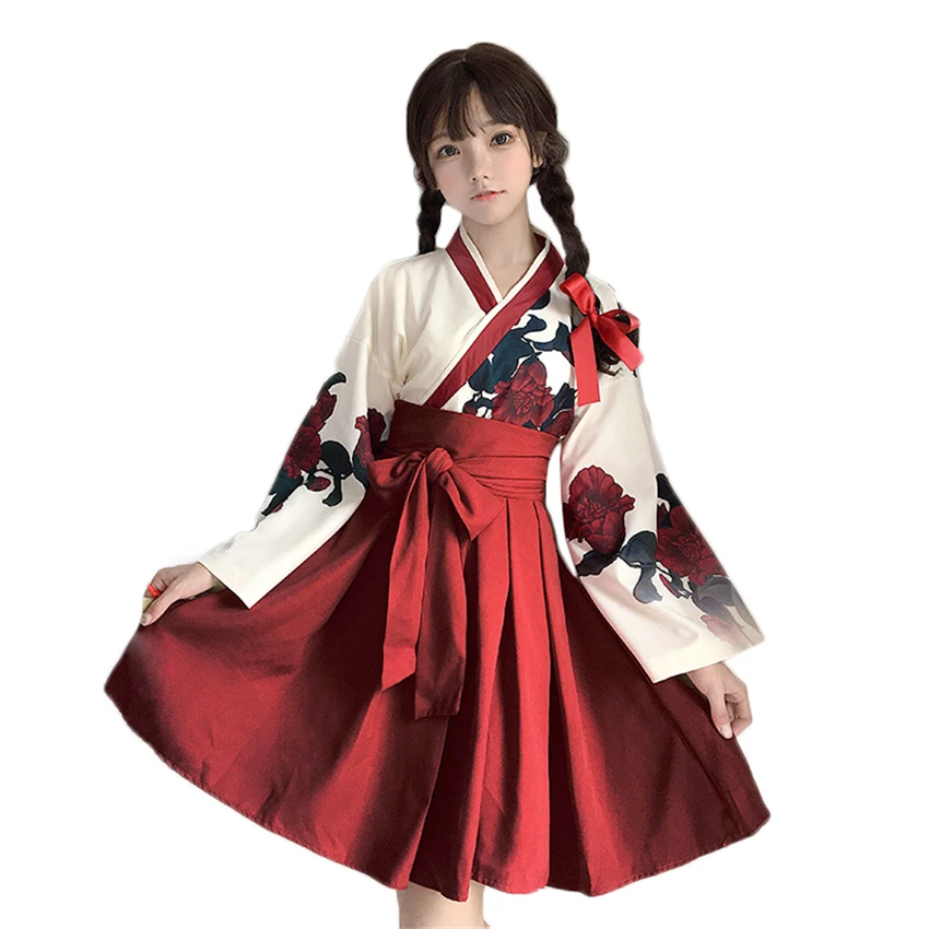 

2021 Girls Japanese Style Retro Kimono Floral Long Sleeve Woman Party Dress Summer Fashion Outfit Top Bow Skirt Haori For Female