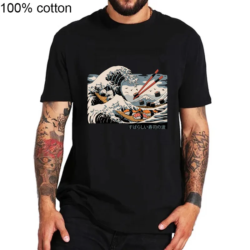 Футболка мужская с принтом волн и суши в японском стиле татуировкой модная
