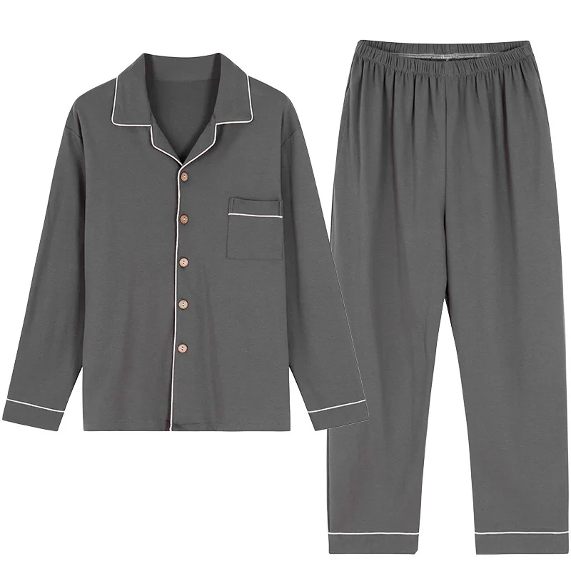 

Spring Autumn Cotton Men's Pajamas Long-sleeved Trousers Home Service Suit Korean Loose Solid Color European American Cotton