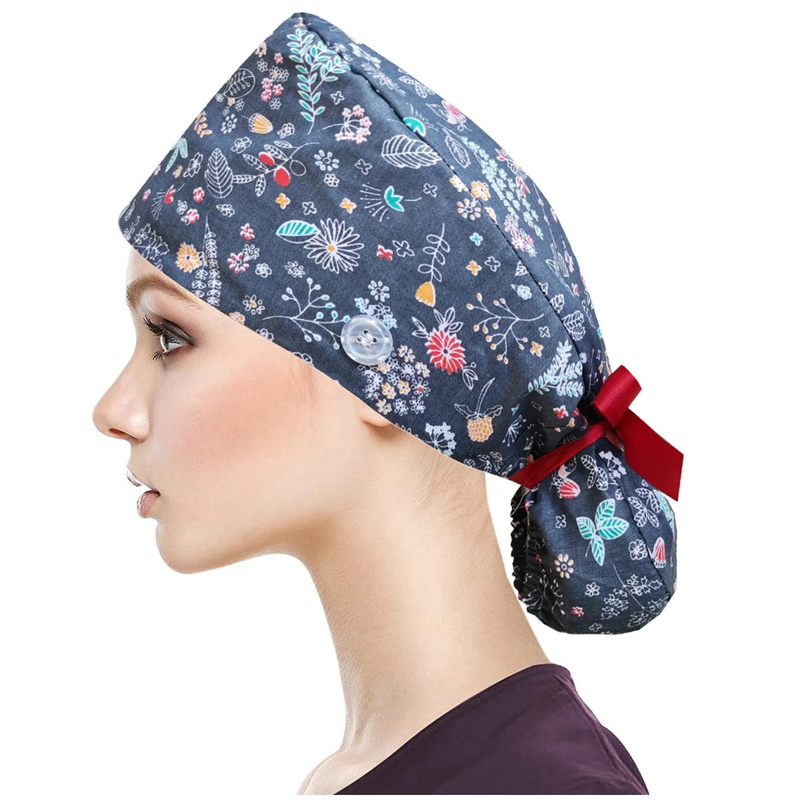 

3PC Unisex Adjustable Scrubs Cotton Work Nurse Surgery Cap Nursing Cap Buttons Long Hair Sweatband Hat gorro sanitario mujer L*