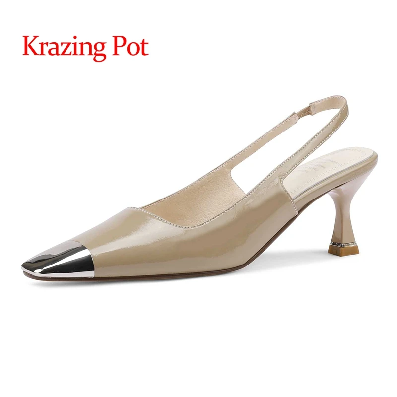 

Krazing Pot 2022 new arrival sheep patent leather metal square toe strange high heels slingback office lady cozy women pumps L08