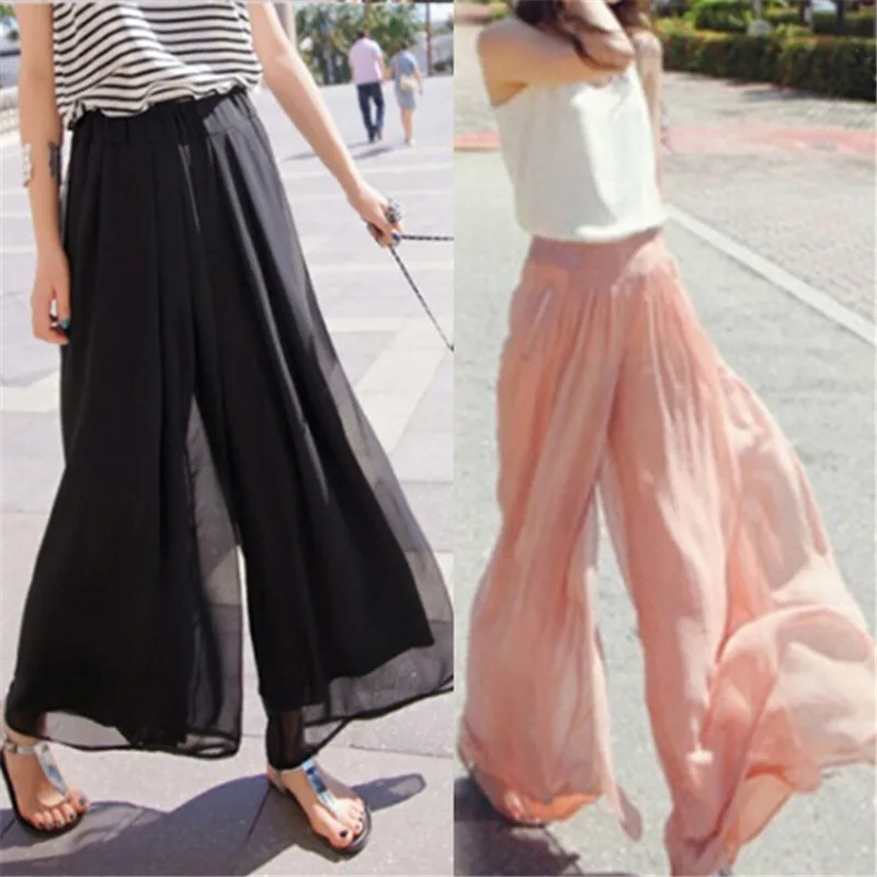 

2021 Summer European Style Pleated Women Wide Leg Pants Loose Chiffon Boho Female Length Pant Elastic Waist Trousers Plus Size
