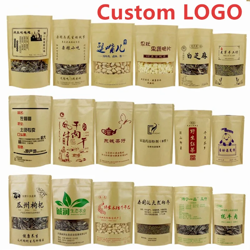 100 шт. Пользовательский логотип подставка из крафт бумаги сумка с прозрачным