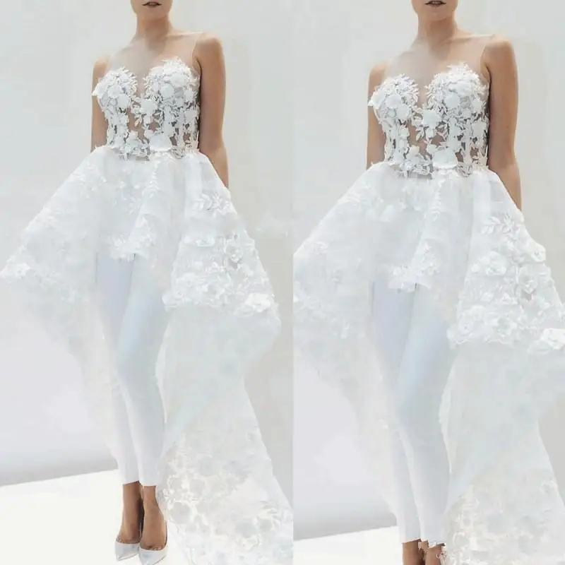 Элегантный Свадебный комбинезон с круглым вырезом кружевной аппликацией