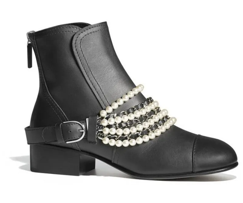 Зимние женские ботинки на среднем каблуке с жемчугом разных цветов Брендовые
