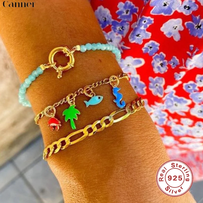 

Браслет с подвесками CANNER 925, стерлинговые браслеты, винтажный морской конек, краб, золотая рыбка, для женские Украшения, браслеты, женская би...