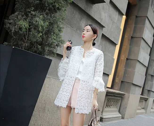 blusa feminina renda elegant women white tops 2019 Summer Autumn Floral Crochet Lace Organza Cardigan Long jacket female CP209 |