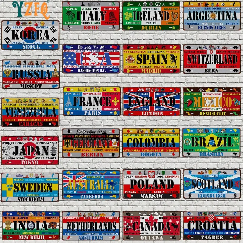 

【YZFQ 】30X15CM Mexico Spain National Flag Metal Sign Colombia USA License Plate For Wall Home Restaurant Craft Decor DC-1512A