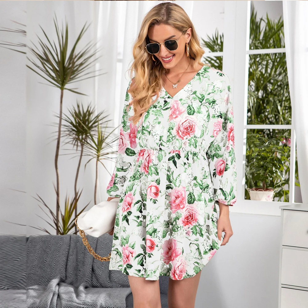 

Spring Floral Dress Fashion V-neck Draw Back Printed Dress Beach Boho Style Ladies Vacation Summer Dress Loose Dresses For Women