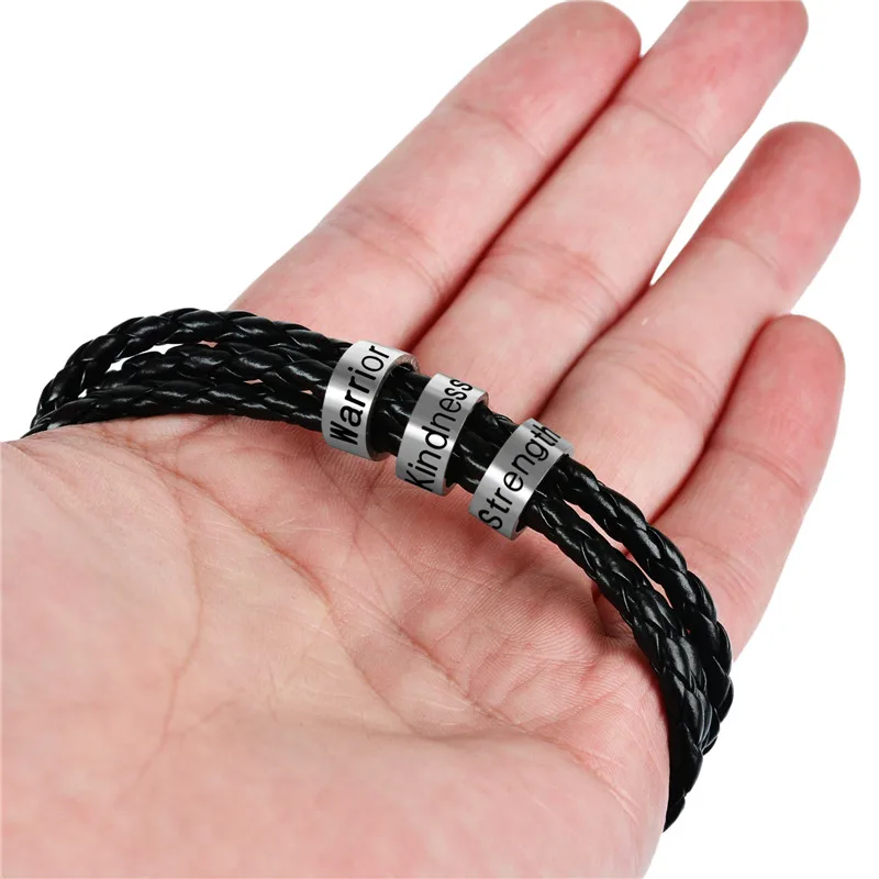 

Personalized Leather Bracelet with Stainless Steel Beads Bracelet for Men with Family Name Custom Braid Name Charm Bracelet J-3D