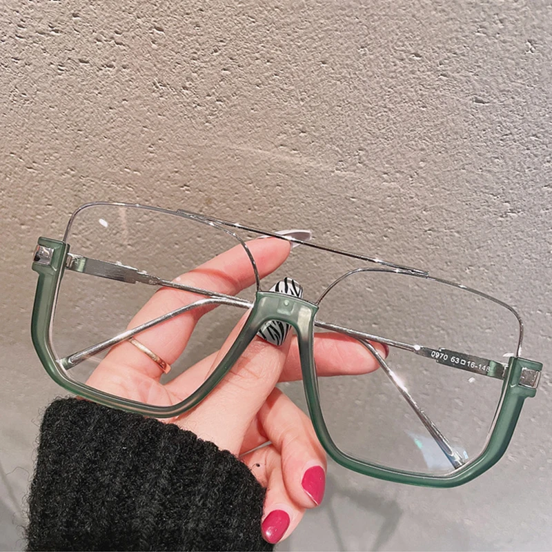 

SO&EI Retro Oversized Square Semi-Metal Glasses Frame Women Clear Anti-Blu-Ray Spring Hinge Double Bridges Men Optical Frame