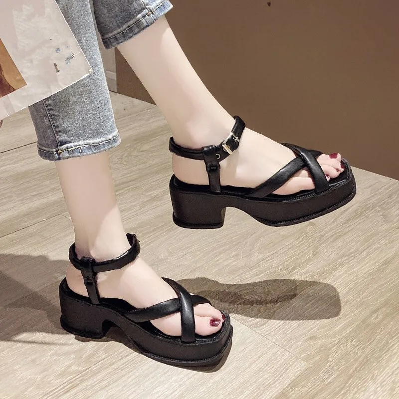 

Roman Sandals 2021 Women's Suit Female Beige Clogs Wedge Square Toe All-Match High Heels Ladies Shoes Summer Gladiator New Black