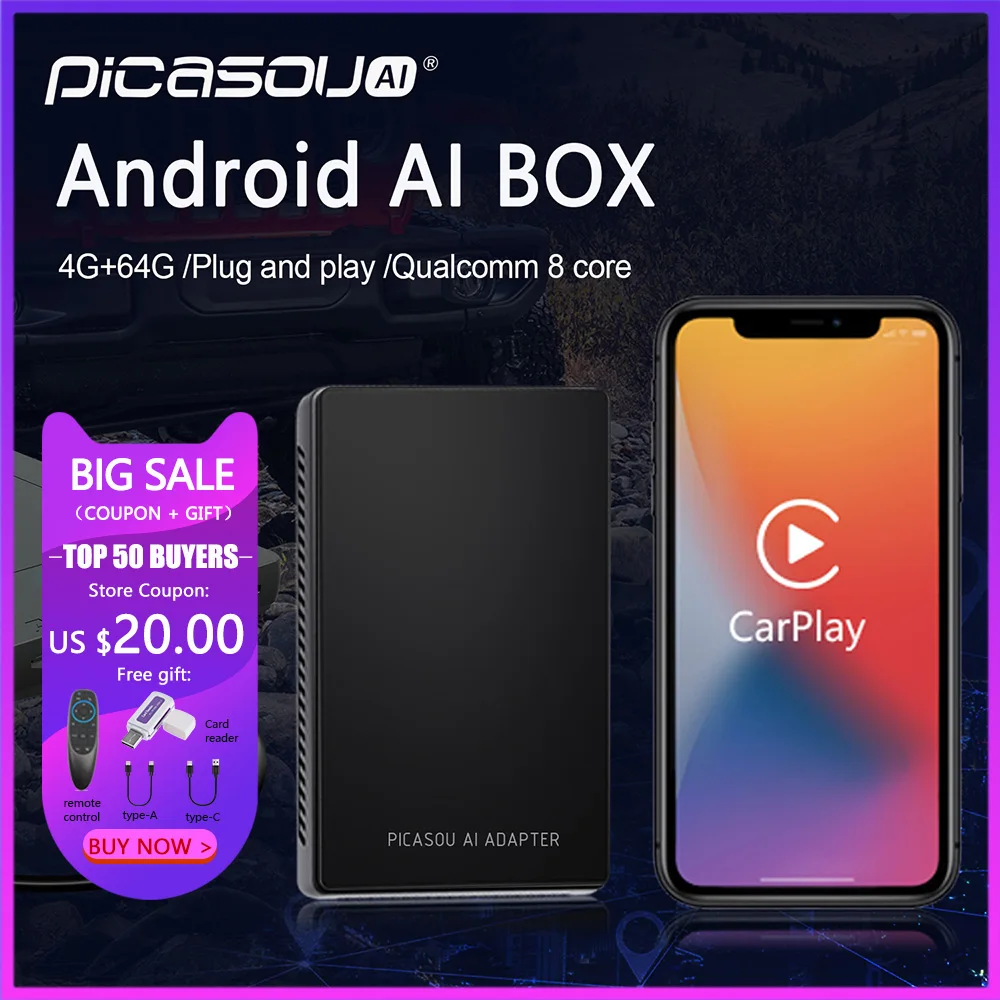 

PICASOUAI Carplay Ai Box Android Box Car Multimedia Player 4+64G Wireless Mirror link Android Auto T Box CarPlay Dongle MINI 4G