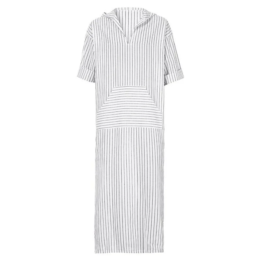 

Retro Men Saudi Arabia Muslim Long Thobe Hooded Striped Linen Polyester Islamic Jubba Robe Medieval Clothing Loose Style