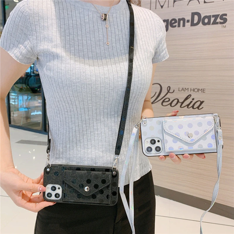 

Luxury Black Wave Point Phone Case For iPhone 13Pro MAX 12 XS MAX X 7 8Plus laser Card Slot Wallet Lanyard Crossbody Strap Cover