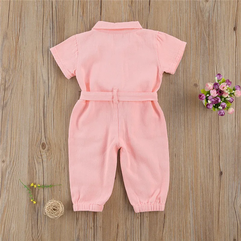 

Infant Kids Baby Girls Denim Jumpsuit Work Clothes One Piece Toddler Standing Collar Pocket Short Sleeve Romper For Children