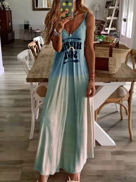 Pink Blue Letters Print Dress Sexy Spaghetti Strap Sleeveless Long Women Summer Casual Beach Dresses Female Plus Size 6XL | Женская
