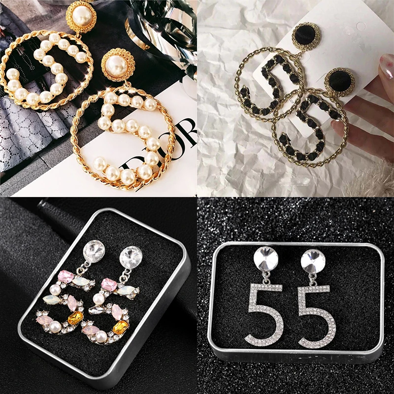 

Number 5 Big Circle Earrings Jewelry Simple Pearl Rhinestone Fashion High Quality Brand Women Earrings Black Ribbon Weaves