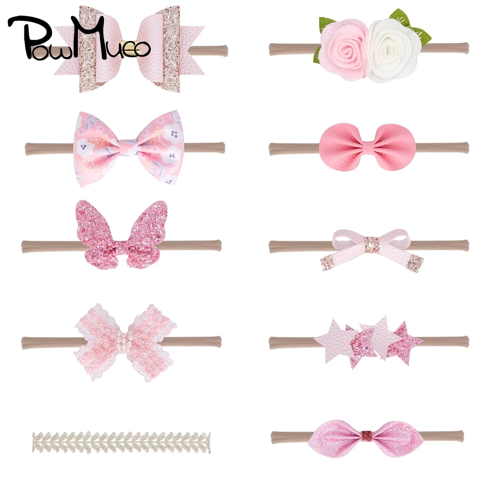 

Powmuco 10pcs/lot Lovely Bunny Ears Elastic Nylon Headband Glitter Sequins Bowknot Infant Hairband Pink Headwear Set Kids Gifts
