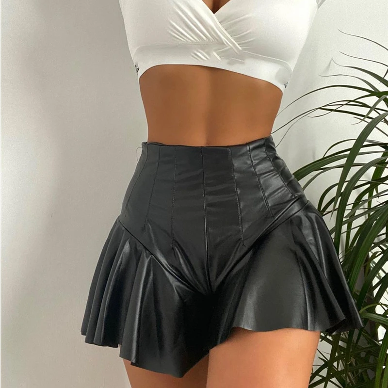 

Sexy Black Pu Leather Pleated Skirts Ruffles Shorts Summer Women Gothic Solid Colors High Waist Party Club Mini Skirts Shorts