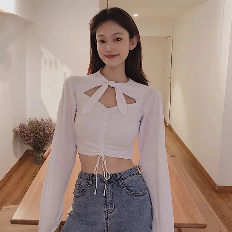 

Long Sleeve T Shirts Hollow Bow Crop Top Autumn Style Blusas Mujer De Moda Women's Clothing Tops Sexy Slim Ladies Fashion Brand