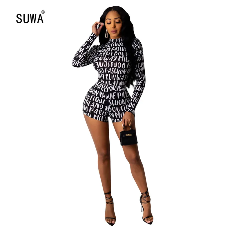 

Black White Letter Print Skinny Short Jumpsuit 2020 Wholesale Spring Street Women O Neck Full Sleeve Playsuit Femme Catsuit