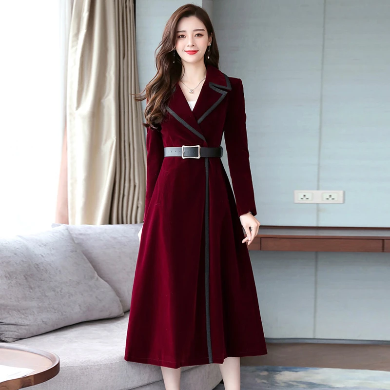 Винтажный осенний Женский Тренч 2019 дизайнерский черный бархат 3XL длинный