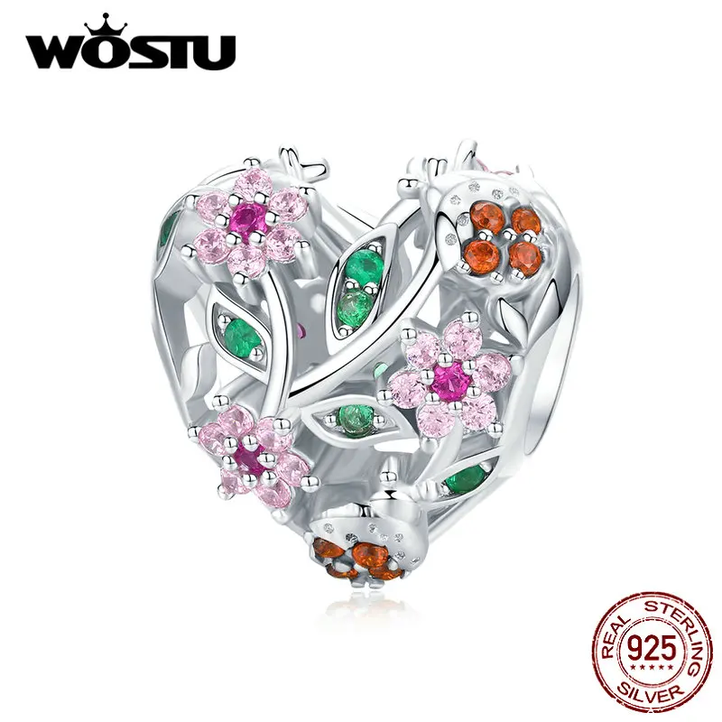 WOSTU 925 пробы серебряные божьи коровки и цветы СЕРДЦЕ бусины розовый Циркон Шарм Подходит браслет ожерелье ювелирные изделия CTC117
