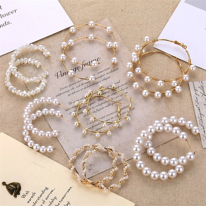 

FNIO Big Simulated Pearl Earrings 2019 For Women Lover Geometric Round Heart Drop Dangle Earring Korean Statement Jewelry