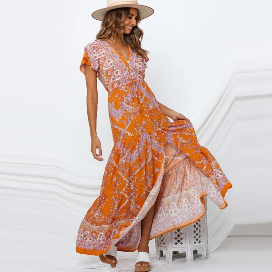 Женское платье макси из вискозы с цветочным принтом и V образным вырезом|Женские