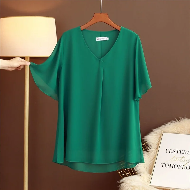 

2021 New Summer Tops 6XL Oversized Women Blouses Solid Casual V-Neck Chiffon Blouses Loose Plus Size Shirt Tops Fashion Clothes