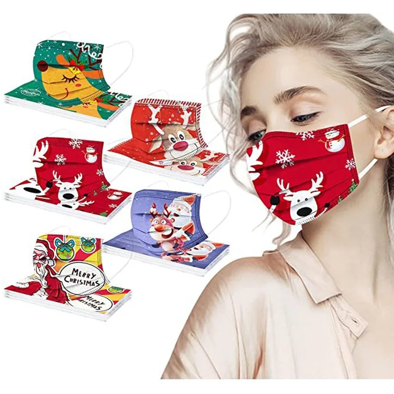 

50pcs Cartoon Protective Mask Merry Christmas Adults Breathable Disposable Mouth Covering Mascarillas 3 Layers Dustproof Masks