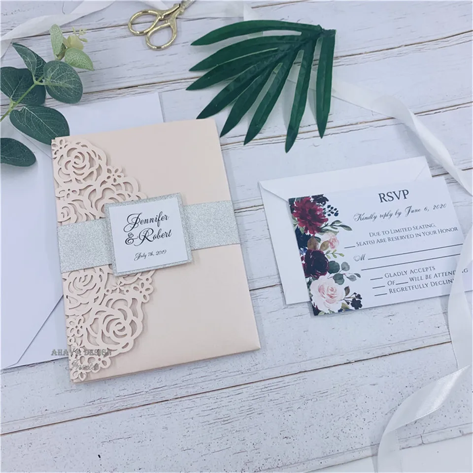 Beautiful Luxury Blush Laser Cut Wedding Invitation Folder, Invitation RSVP Suite Die cut
