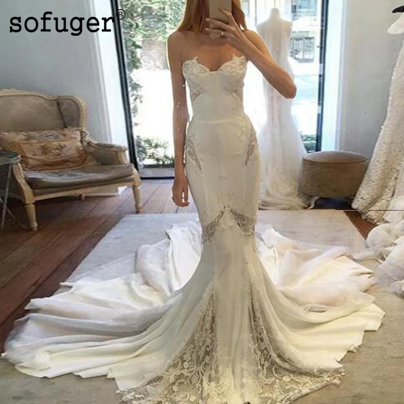 

Mermaid Sweetheart Court Train Wedding Dress Strapless Lace Up Back Robe De Mariee Sofuge Boho Dubai Arabic Abiti Da Sposa