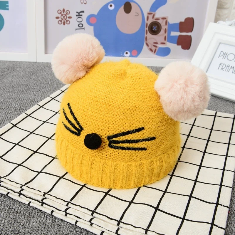 Baby Beanies Double Ball Wool Cartoon Pompom Hat Children Winter Knitted Hats Cute Cap for Girls Boys Thick Kids Beanies