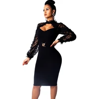 sexy mesh sheer sequined long sleeve bodycon dress women elegant hollow out knee length bandage midi dress evening party dresses