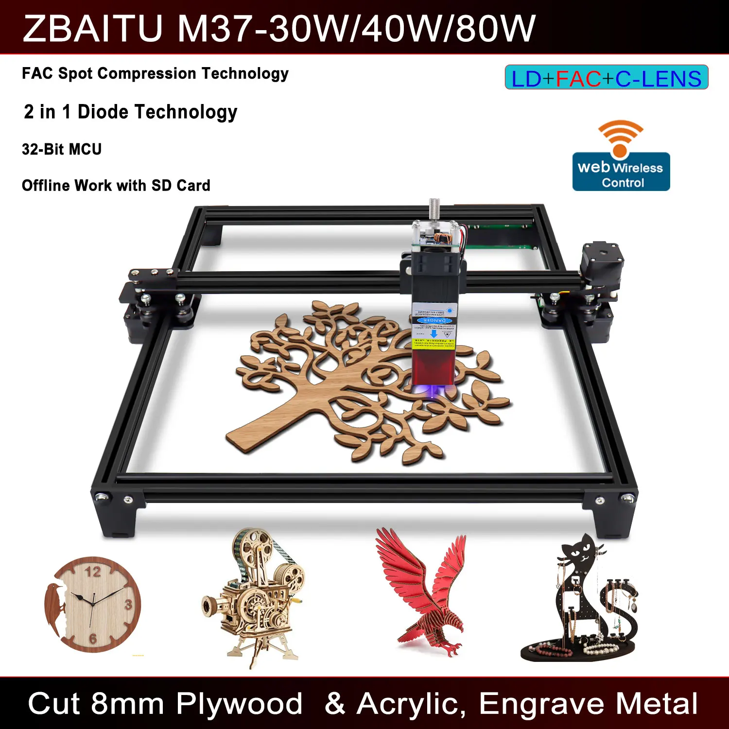 

ZBAITU Laser 30/40/80W Engraving Cutting Machine -32 bit CNC Carving Cutter Laser Engraver Cut 10mm Wood FAC Offline