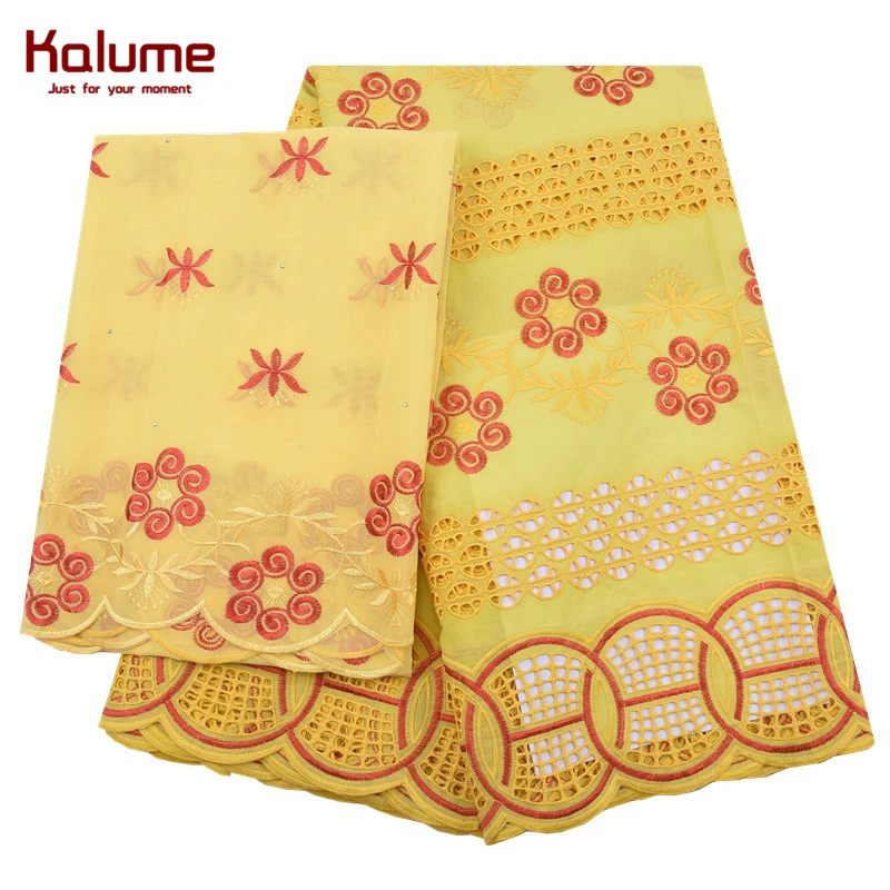 Kalume Royal Blue African Lace Fabric 5+2Yards With Headcloth Nigerian Swiss Cotton Stones For Dress Party F2029 | Дом и сад