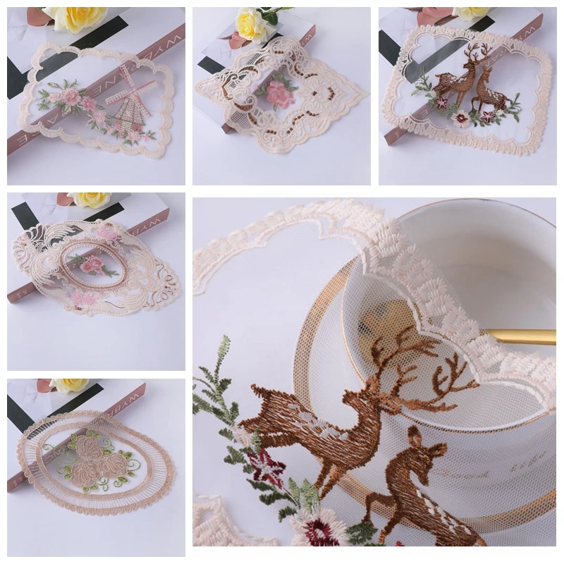 

1Pc for Dining Table Embroidery Craft Placemat European Style Lace /Linen Fabric Insulation Plate Mat Anti-scald Coaster