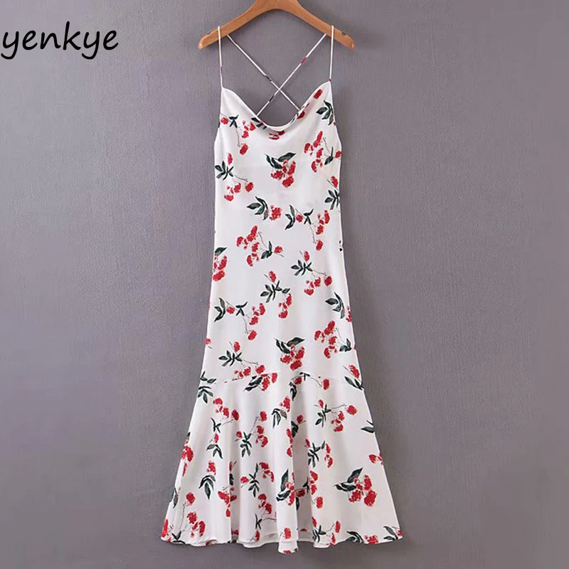 Женское элегантное платье с цветочным принтом на тонких бретельках сексуальное
