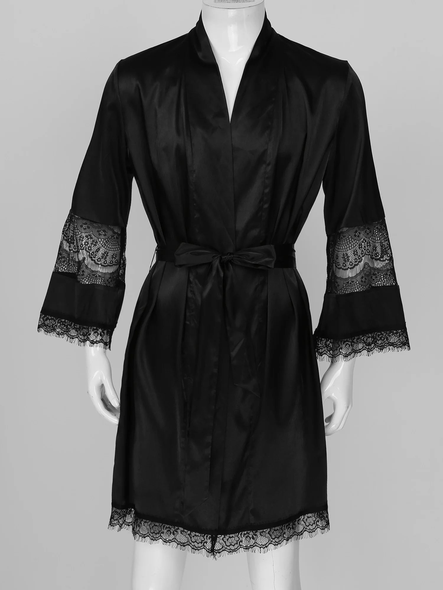 Mens Satin Night-robe Sissy Kimono Bathrob See-Through Floral Lace Patchwork Nightwear  Sleepwear Homewear Loungewear With Belt