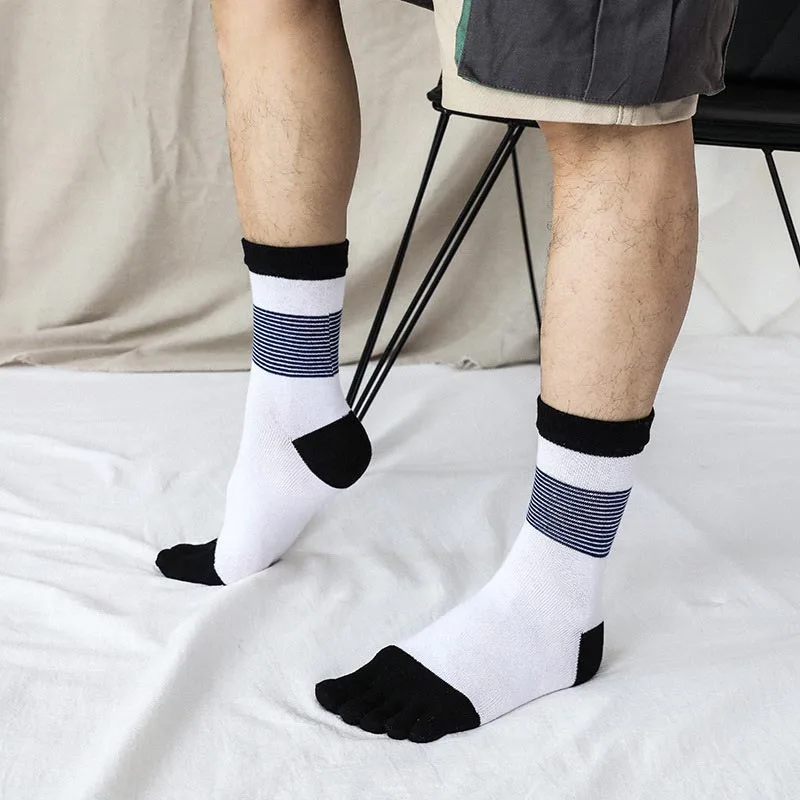 

Absorbs Sweat Toe Socks Stripe Men Socks Mid-Calf Finger Socks Autumn Winter Soft Thicken Sock Five Toe Tube Sock